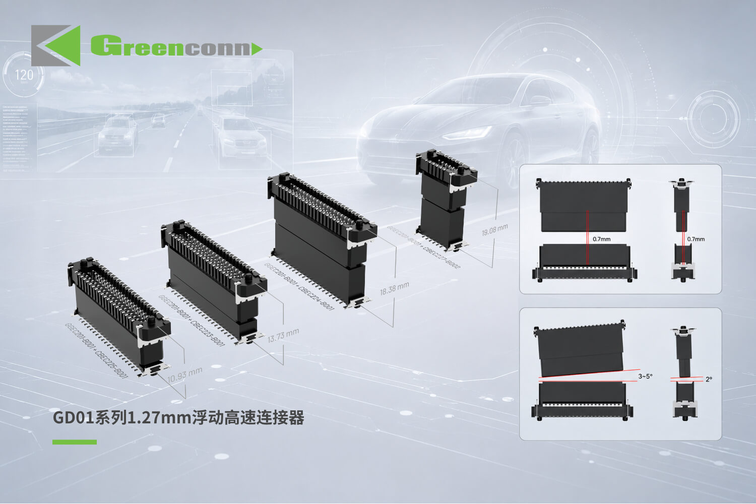 Greenconn GD01系列1.27mm浮動高速連接器結構示意圖